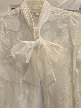 Michael Kors Sheer Embroidered Ivory Long Sleeve Bow Tie Button-down Blouse, XS
